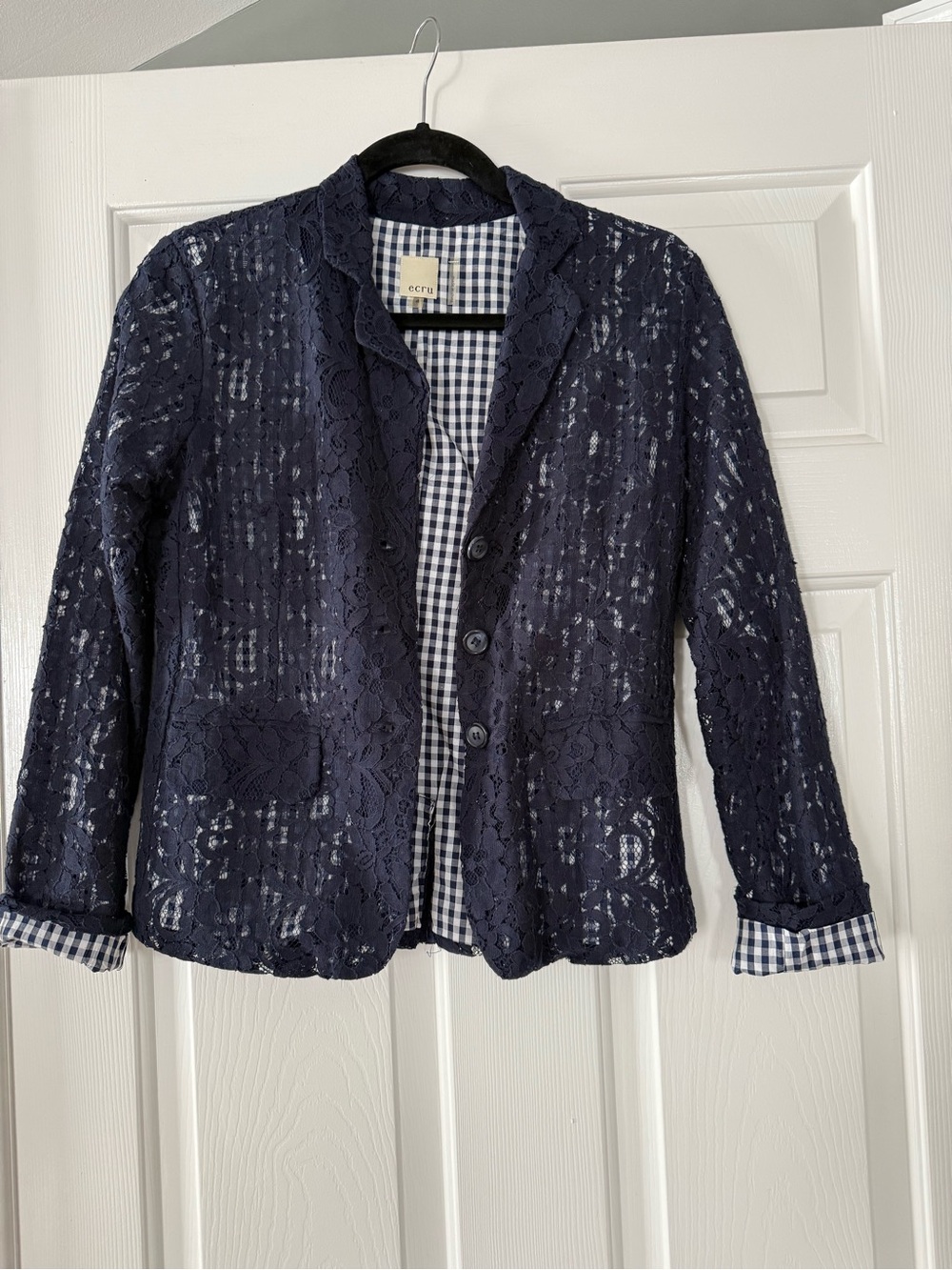 ecru Navy Lace Blazer with Gingham Lining